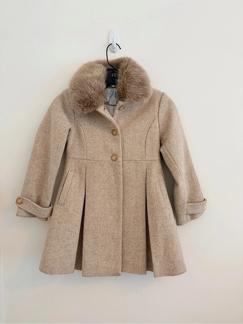 Edgehill Collection Girls Tweed Faux Fur Collar Bow Back Coat. Size: 6/6x